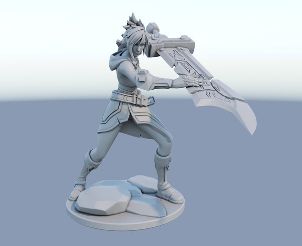 Riven 3D-printed League of Legends champion figure. Decorate your gaming setup or home with your favorite League of Legends champion! Choose between the unpainted version, perfect for you to paint yourself, or the hand-painted version by a professional painter. Order your figure today!