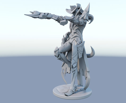 High Noon Lucian 3D-printed League of Legends champion figure. Decorate your gaming setup or home with your favorite League of Legends champion! Choose between the unpainted version, perfect for you to paint yourself, or the hand-painted version by a professional painter. Order your figure today!
