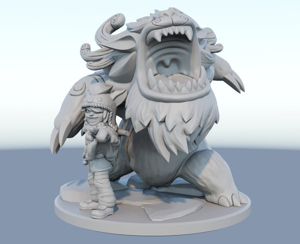 Nunu and Willump 3D-printed League of Legends champion figure. Decorate your gaming setup or home with your favorite League of Legends champion! Choose between the unpainted version, perfect for you to paint yourself, or the hand-painted version by a professional painter. Order your figure today!