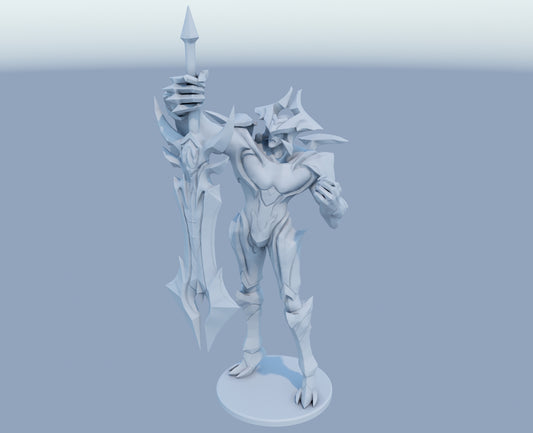 Aatrox 3D-printed League of Legends champion figure. Decorate your gaming setup or home with your favorite League of Legends champion! Choose between the unpainted version, perfect for you to paint yourself, or the hand-painted version by a professional painter. Order your figure today!