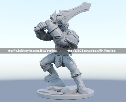 Garen 3D-printed League of Legends champion figure. Decorate your gaming setup or home with your favorite League of Legends champion! Choose between the unpainted version, perfect for you to paint yourself, or the hand-painted version by a professional painter. Order your figure today!