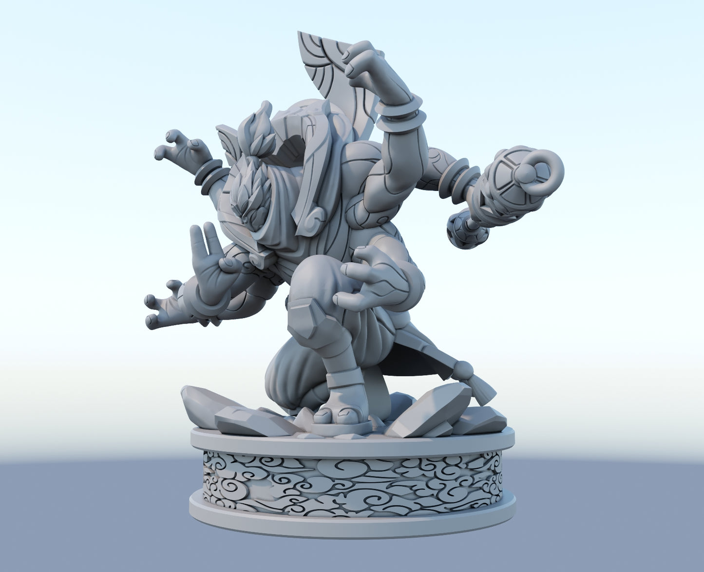 God staff Jax 3D-printed League of Legends champion figure. Decorate your gaming setup or home with your favorite League of Legends champion! Choose between the unpainted version, perfect for you to paint yourself, or the hand-painted version by a professional painter. Order your figure today!