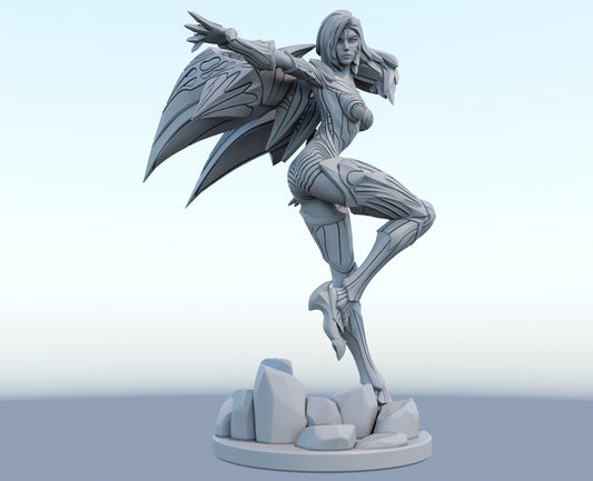 Kaisa 3D-printed League of Legends champion figure. Decorate your gaming setup or home with your favorite League of Legends champion! Choose between the unpainted version, perfect for you to paint yourself, or the hand-painted version by a professional painter. Order your figure today!
