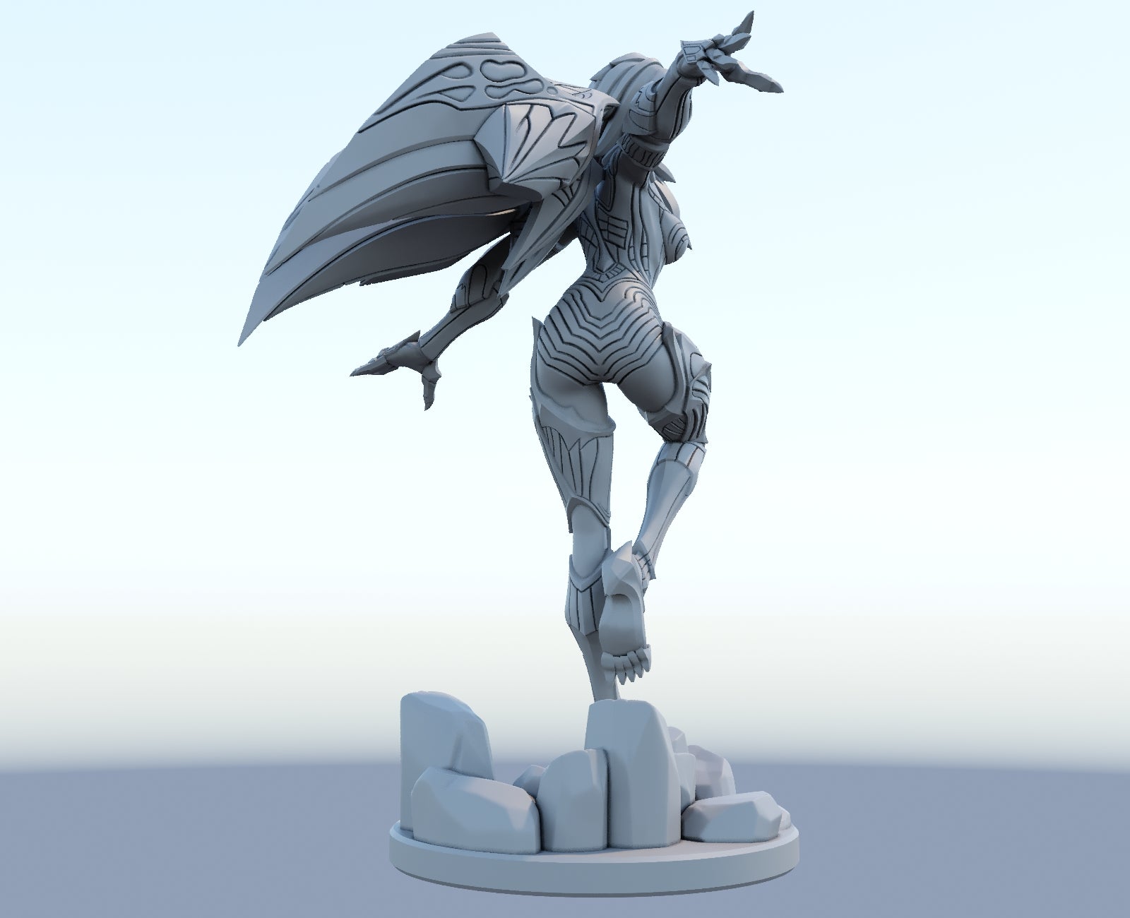 Kaisa 3D-printed League of Legends champion figure. Decorate your gaming setup or home with your favorite League of Legends champion! Choose between the unpainted version, perfect for you to paint yourself, or the hand-painted version by a professional painter. Order your figure today!