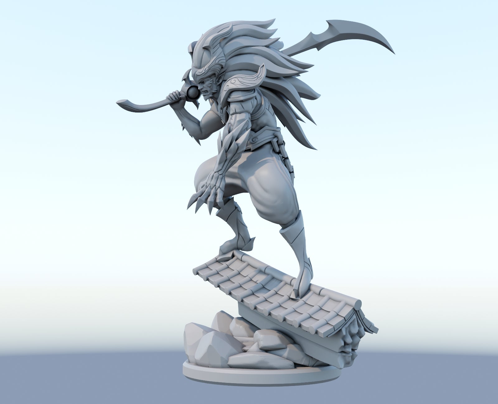 Yasuo Nightbringer 3D-printed League of Legends champion figure. Decorate your gaming setup or home with your favorite League of Legends champion! Choose between the unpainted version, perfect for you to paint yourself, or the hand-painted version by a professional painter. Order your figure today!