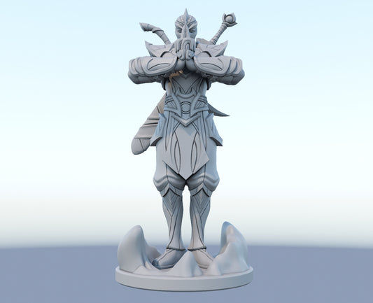 Shen 3D-printed League of Legends champion figure. Decorate your gaming setup or home with your favorite League of Legends champion! Choose between the unpainted version, perfect for you to paint yourself, or the hand-painted version by a professional painter. Order your figure today!