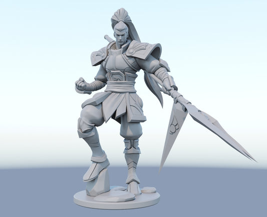 Xin Zhao 3D-printed League of Legends champion figure. Decorate your gaming setup or home with your favorite League of Legends champion! Choose between the unpainted version, perfect for you to paint yourself, or the hand-painted version by a professional painter. Order your figure today!