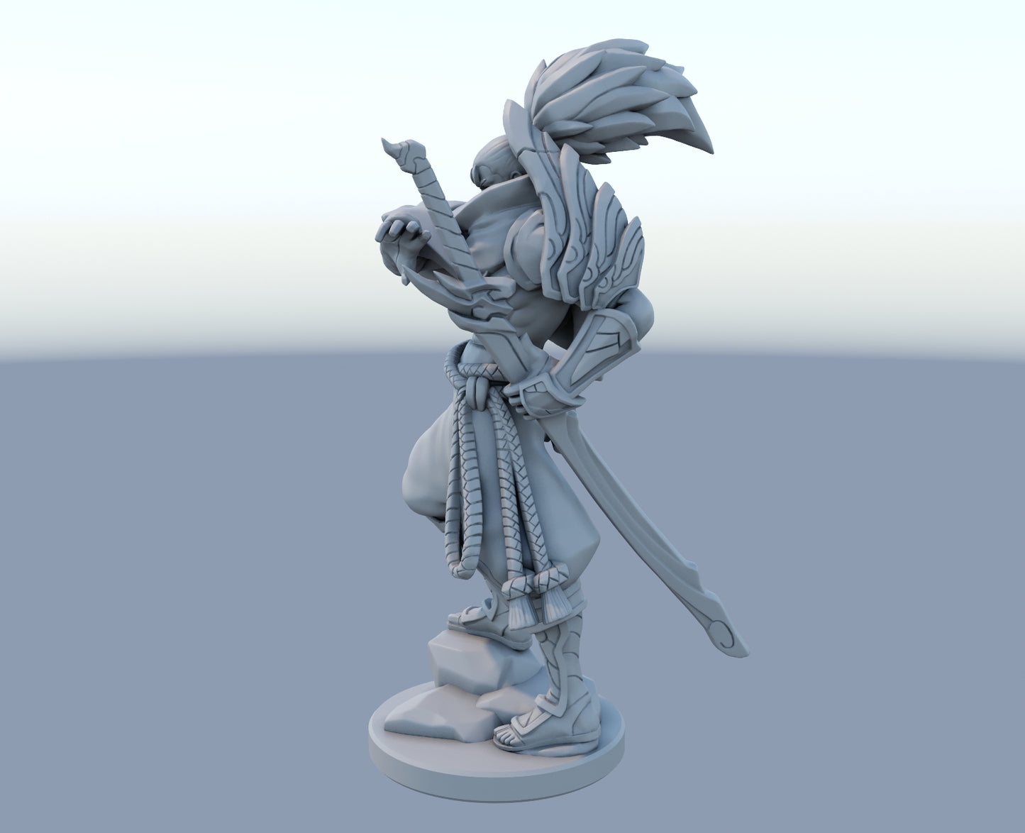 Yasuo 3D-printed League of Legends champion figure. Decorate your gaming setup or home with your favorite League of Legends champion! Choose between the unpainted version, perfect for you to paint yourself, or the hand-painted version by a professional painter. Order your figure today!